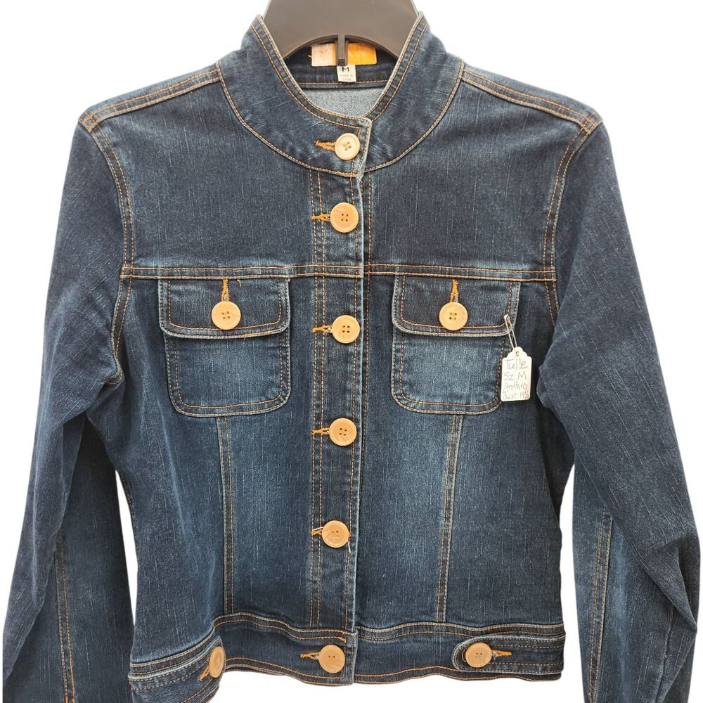 Anthropologie Tulle Jean Jacket Contrast Stitch Detail Button Front Nehru Collar